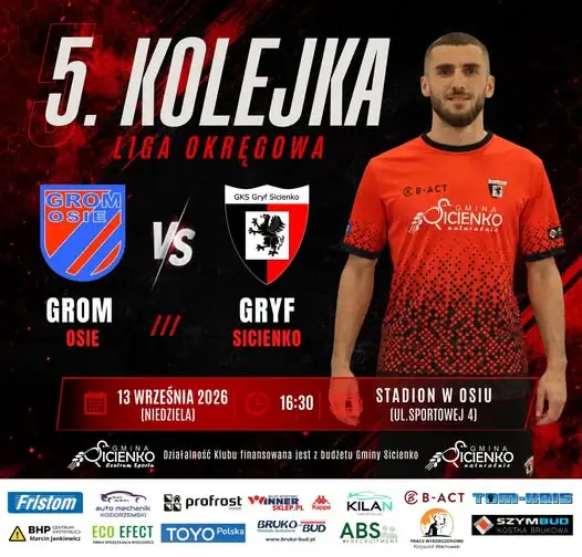 Gryf Sicienko zagra na wyjeździe z Gromem Osie w 5. kolejce Ligi Okręgowej