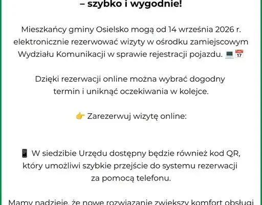 Gmina Osielsko: od 14 września rezerwacja wizyty w Wydziale Komunikacji online