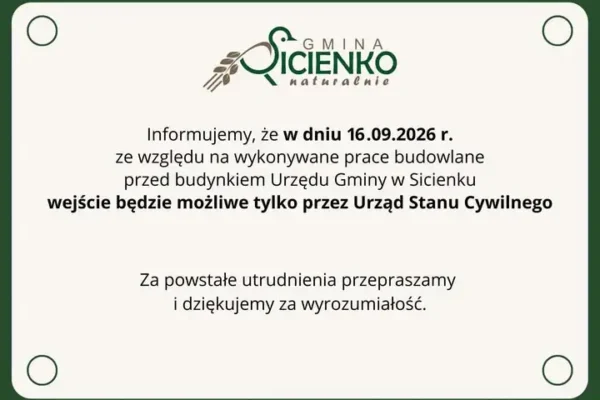 Utrudnienia w Urzędzie Gminy Sicienko – 16 września wejście tylko przez USC