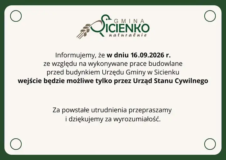 Utrudnienia w Urzędzie Gminy Sicienko – 16 września wejście tylko przez USC