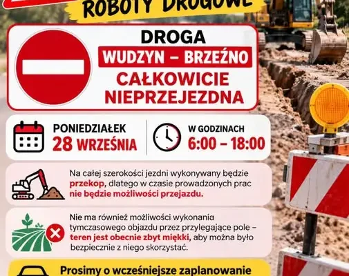 Wudzyn–Brzeźno: w poniedziałek droga całkowicie zamknięta