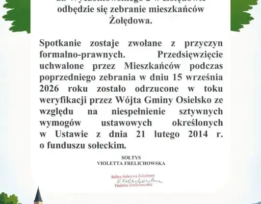Żołędowo: ponowne zebranie mieszkańców 6 października. Chodzi o fundusz sołecki
