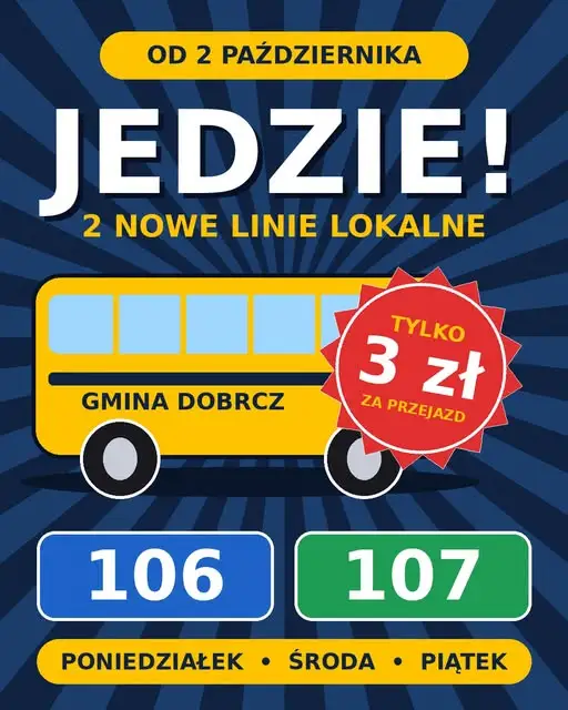 Nowe linie autobusowe 106 i 107 w Gminie Dobrcz ruszają 2 października