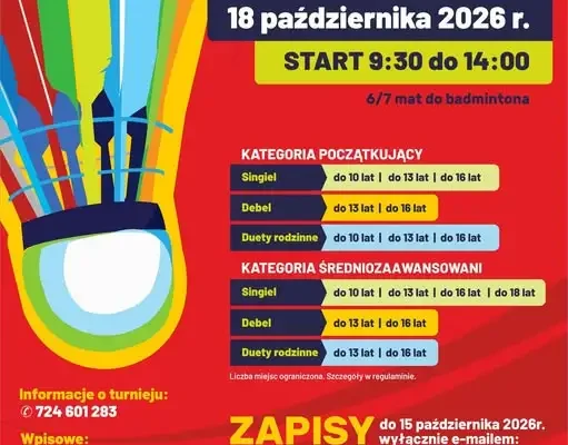 Kujawsko-Pomorski Turniej Badmintona dla dzieci, młodzieży i duetów rodzinnych – 18 października 2026
