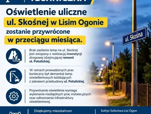 Ulica Skośna w Lisim Ogonie bez oświetlenia – potrwa to jeszcze miesiąc