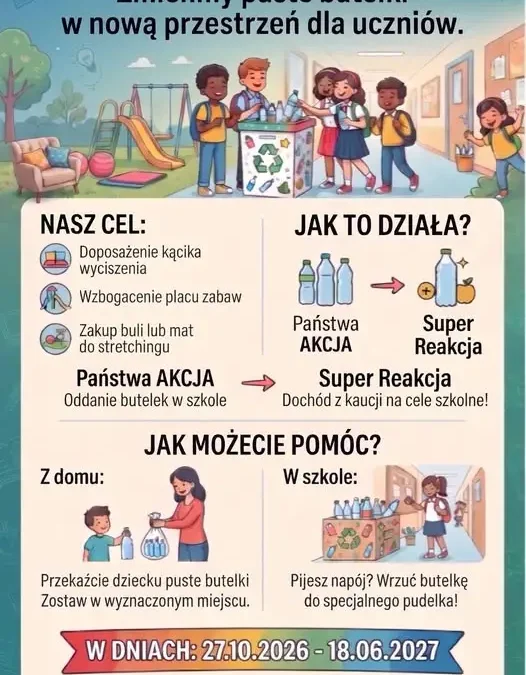 Szkoła w Dobrczu rusza z akcją „Butelka z misją” – zbiórka butelek zwrotnych na rzecz uczniów