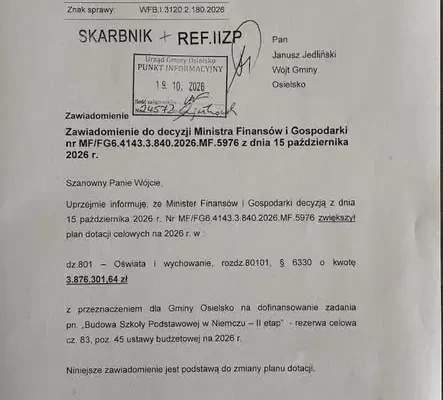 Gmina Osielsko z prawie 4 mln zł dotacji na budowę szkoły w Niemczu