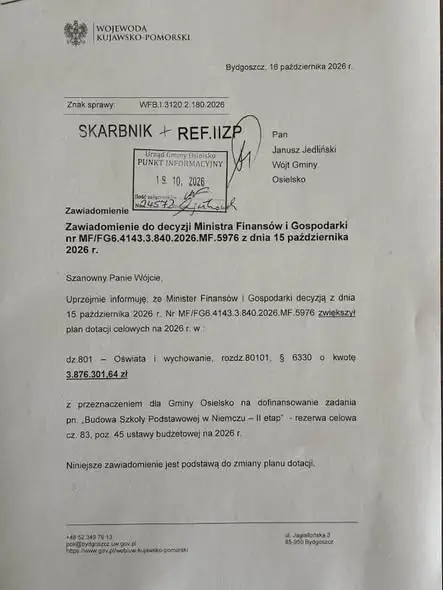 Gmina Osielsko z prawie 4 mln zł dotacji na budowę szkoły w Niemczu