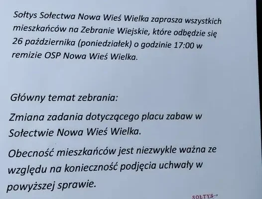 Nowa Wieś Wielka: zebranie wiejskie w sprawie placu zabaw