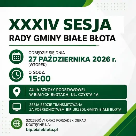 XXXIV Sesja Rady Gminy Białe Błota – transmisja online 27 października