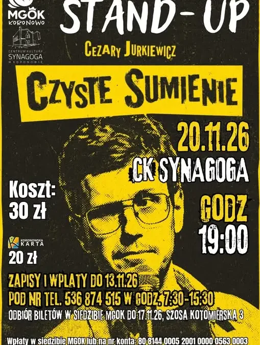 Stand-up „Czyste Sumienie” w Koronowie – Cezary Jurkiewicz na scenie