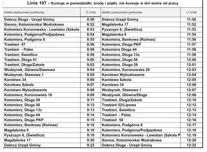 Nowa linia autobusowa 107 w gminie Dobrcz – sprawdź rozkład jazdy