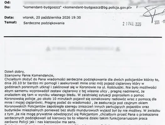 Kierowca ciężarówki dziękuje koronowskim policjantom za pomoc w trudnej sytuacji