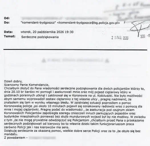 Kierowca ciężarówki dziękuje koronowskim policjantom za pomoc w trudnej sytuacji