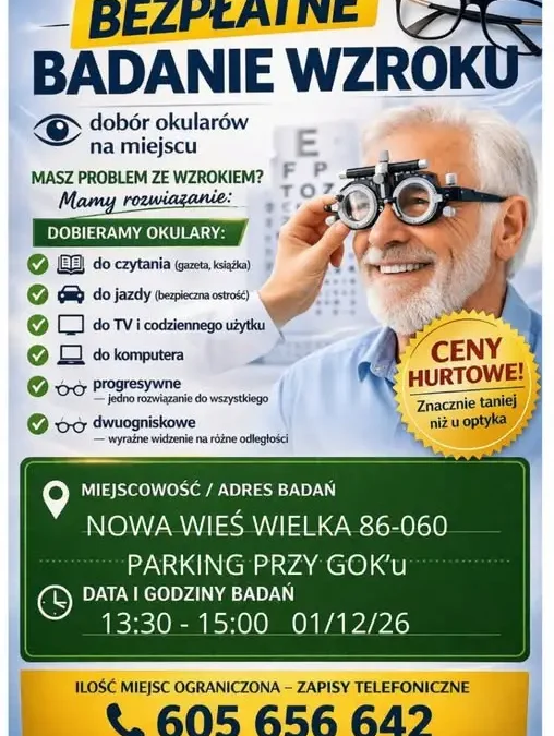 Bezpłatne badanie wzroku w Nowej Wsi Wielkiej – zapisy trwają