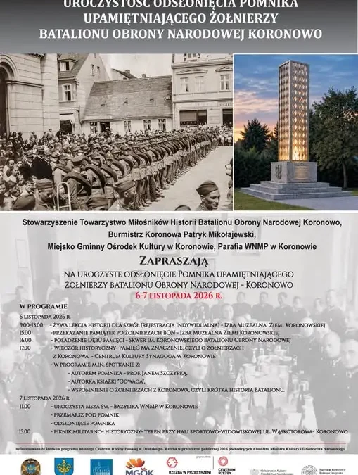 Koronowo uczci pamięć żołnierzy Batalionu Obrony Narodowej – odsłonięcie pomnika 6–7 listopada